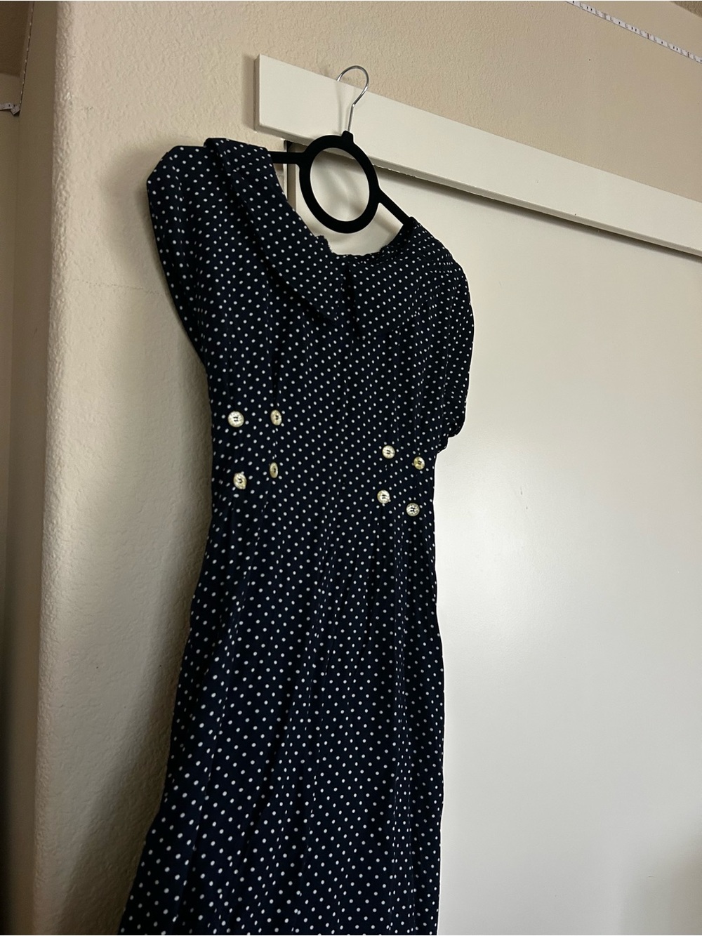 Navy Polka Dot Midi Dress with Gold Button Detail